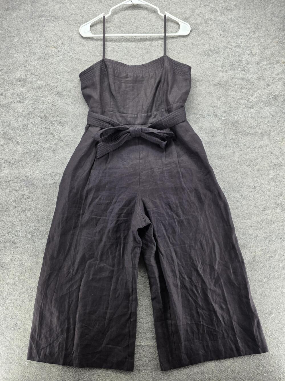 J.CREW Jumpsuit Womens 12P Black One-Piece Square Neck Sleeveless Linen Belted
